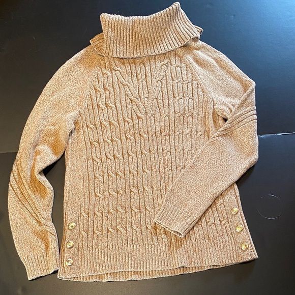Talbots Sweaters - Talbots Caramel Brown Cotton CowlNeck Cable Button Sweater Oatmeal Size Medium